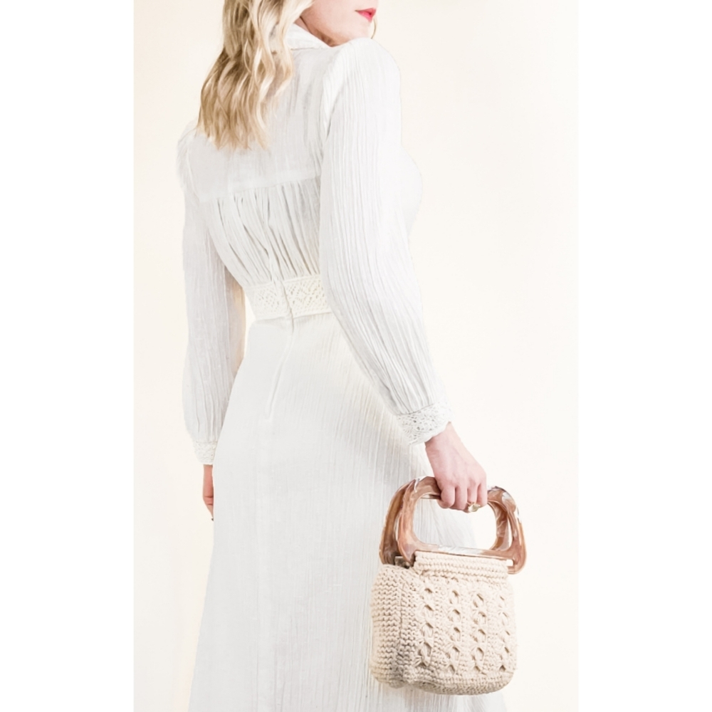 70s Ivory Cotton Gauze Crochet Trim VTG Maxi Dress - Picture 12 of 16
